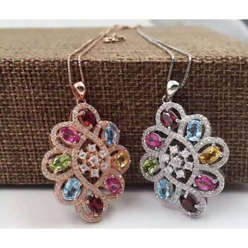 Natural blue topaz pendant S925 silver Natural Multicolor gemstone Pendant Necklace trendy elegant Circle Flowers women jewelry