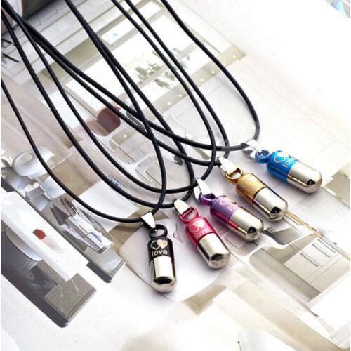 New Fashion Unisex Leather Necklace Pendant Space Popular Love Stainless Steel Capsule Pill Shape Jewelry Openable Colorful Gift