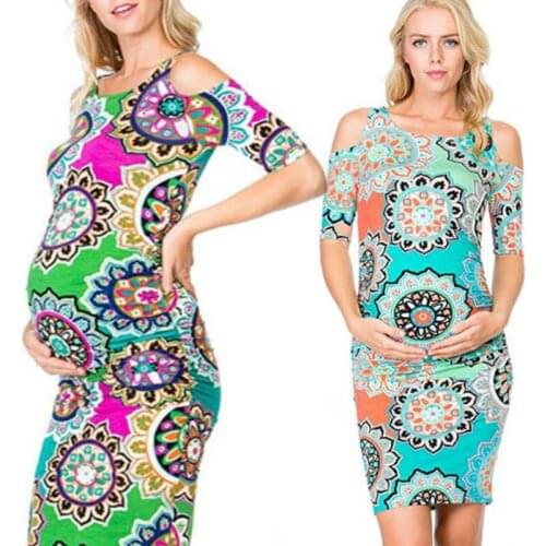 Maternity Dress Summer Printed New Long Pregnant Women' Dresses With Round Collar And Show Shoulders One-Step Skirt Strapless
