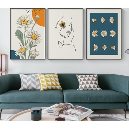 Scandinavian Minimalist Style Daisy Flower Girl Line Poster Sunflower Picture Modern Wall Art Paintings Living Room Home Decor