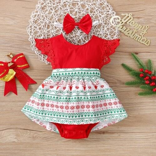FOCUSNORM 0-24M Baby Girls Christmas Romper Dress Outfits Lace Ruffles Sleeve Deer Printed Patchwork Jumpsuits Headband 2pcs