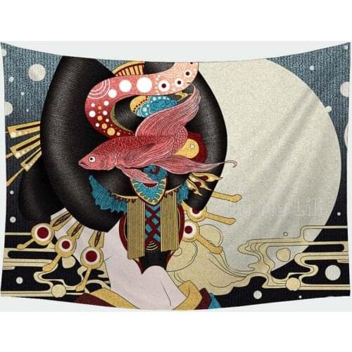 Japanese Mermaid Abstract Tapestry Moon Animal Creative Home Wall Decoration