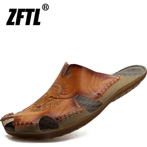 ZFTL New Men Slippers male beach slippers big size genuine leather man Tendon soles casual slippers outdoor summer 081