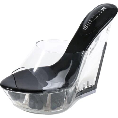 Transparent crystal shoes platform wedge non-slip sandals women platform high heel slippers 12cm