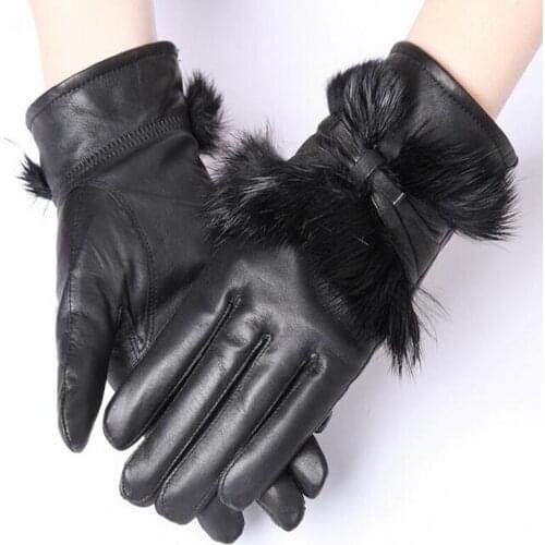 Women Winter Gloves 2020 Fashion Bow Real Rabbit Fur Gloves Genuine Leather Black Gloves