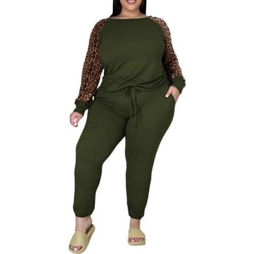 5XL Plus Size Women Sets T Shirt Tops And Pant Suits 2021 Autumn Fashion Leopard Print Casual Large Size Tracksuit Two Piece Set