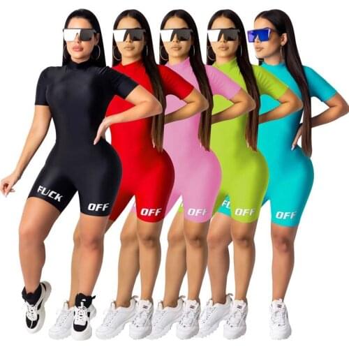 Women skinny bodysuit short sleeve playsuit letter print rompers 2020 female turtleneck fashion casual bodysuit fitness overalls