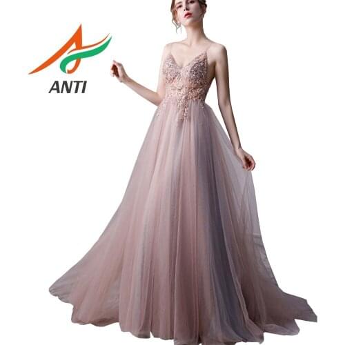 ANTI Pink Evening Dresses 2019 Sexy V-neck Backless Luxurious Crystal Beading Pearls Sequined Formal Party Long Gowns for Woman