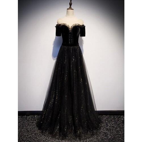 Vestido De Festa Scoop Neck Evening Dress Robe De Soiree 2021 New Fashion Black Short Sleeve Evening Dresses A-LINE Formal Dress