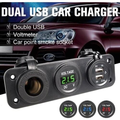 20Pcs/Lot Car Cigarette Lighter Motorcycle Plug Dual USB Adaptor 12V/24V USB Charge Socket Blue LED Digital Voltmeter Car Kits