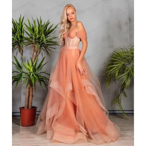 2021 Tulle A Line Prom Dress Off the Shoulder Floor Length Asymmetrical Tulle Formal Women Party Gowns Sweet 16 Evening Dresses