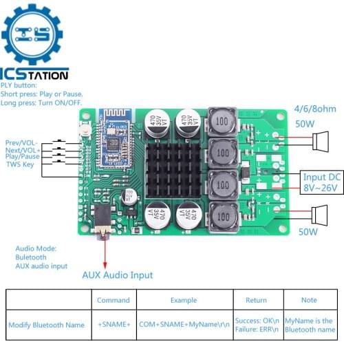 Bluetooth 5.0 Audio Module with Amplifier 2*40W/50W Lossless Compression TWS 2 Channel Audio Amplifier Board Serial Port Rename