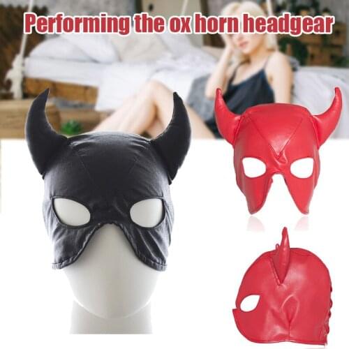 Head Cover Black Leather of Devil Accessory Suit Carnival Halloween Adult Sex Game Open Mouth BDSM Headgear can CSV