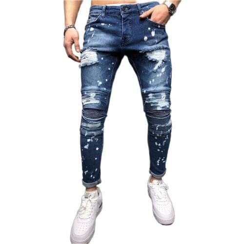 New Men Fashion Streets Ripped Jeans Leisure Slim Fit Gradient Ramp Stretchy Exercise Biker Oil Paint Men Hip Hop Wrinkle Jeans