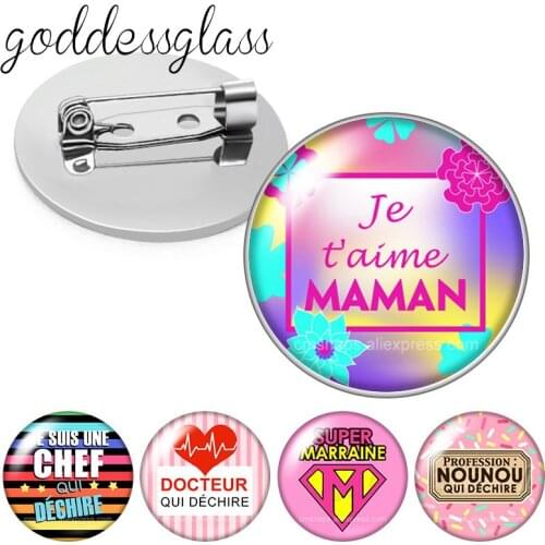 Français J'aime maman la plus gentille des maîtresses Round Glass cabochon Brooch Dome Photo Jewelry Brooches Pin For Gift