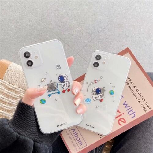 GYKZ Funny Astronaut Transparent Phone Case For iPhone 12 11 Pro XR X XS MAX SE20 7 8 6Plus Cute Shockproof Soft TPU Cover Coque