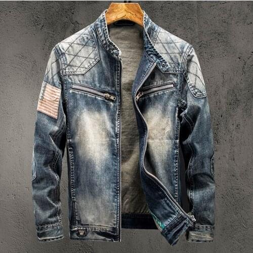 Personality Mens Denim Jacket Overcoats American Style Fashion Mens Denim Jacket Coats Plus Size XXXL Automotive Streetwear A814