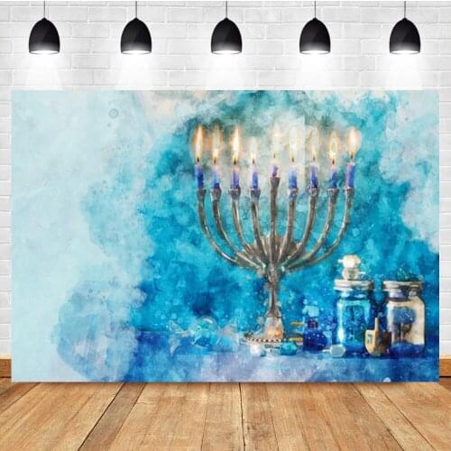 Laeacco Blue Abstract Gradient Happy Hanukkah Background Candle Menorah Room Decor Photographic Photo Backdrop For Photo Studio