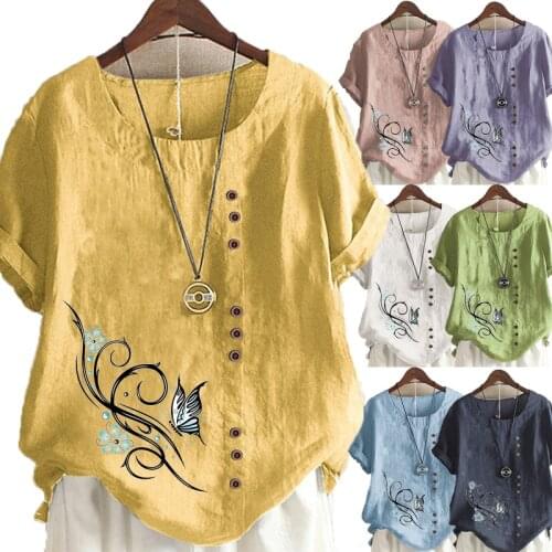 Summer Loose Womens New Fashion Floral Printed T-shirt Casual Round Neck Short Sleeve Solid Color Blouse Tops Plus Size
