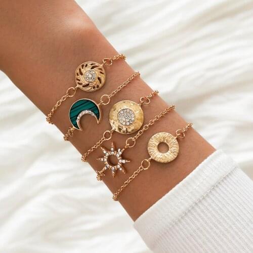 HI MAN Vintage Bohemian Mixed Moon Sun Disc Stranded Hollow Bracelet Women Fashion Crystal Pavé Charm Classic Party Jewelry