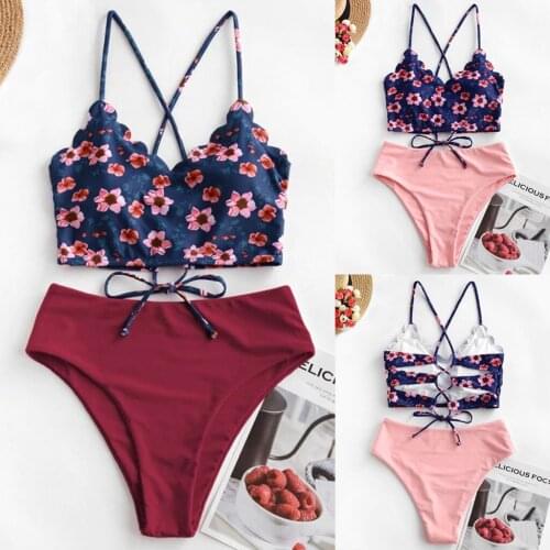 Two Pieces Swimsuit Women Lace Up Floral Print Bandage Bikini Set Biquini 2020 High Waist Thong Swimwear Maillot De Bain Femme