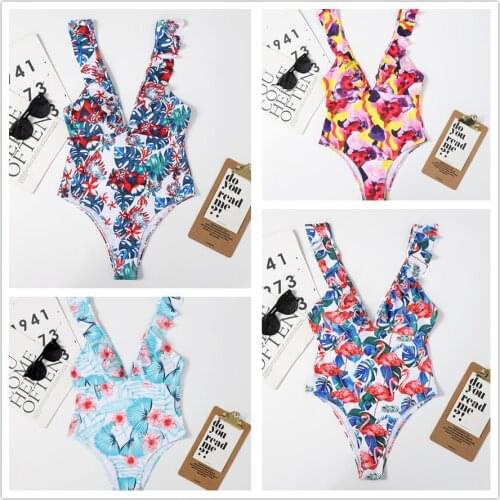 Sexy Deep V-Neck One Piece Swimsuit Women Falbala Shoulder High Waisted Bathing Suits Monokini Ruffle Bikinis Swimwear Bodysuit