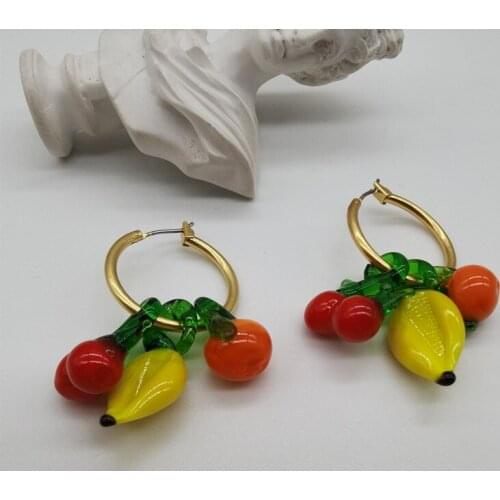 Retro geometric earrings summer fruit banana cherry C-word earrings cute cartoon two-wearing earrings
