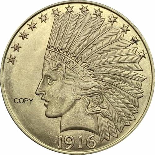 United States Of America 10 Dollars 1916 S Liberty Indian Head Eagle with motto IN GOD WE TRUST Gold Brass Metal Copy Coins