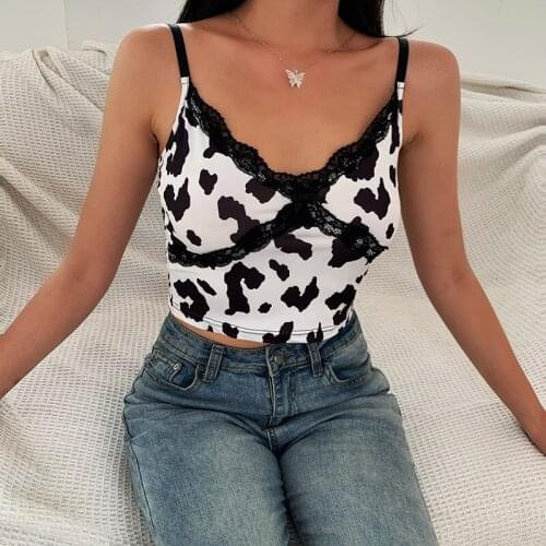 Harajuku Y2K Spaghetti Strap Top Patchwork Lace Edge Cow Print Cute Crop Cami Top Women Sleeveless Sexy Clubwear 90s Streetwear