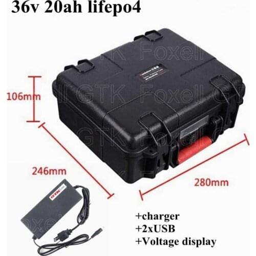GTK waterproof 36V 20Ah LiFepo4 battery pack for electric bicycle motorcycle emergency light lamp solar street light+3A charger