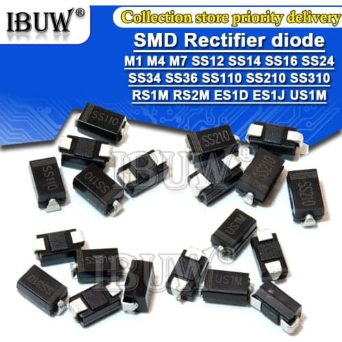 100PCS Rectifier diode M1 M4 M7 SS12 SS14 SS16 SS24 SS34 SS36 SS110 SS210 SS210 US1M RS2M ES1D DO-214AC Schottky diodes