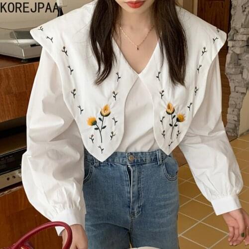 Kprejpaa Floral Embroidery Women Blouse Autumn Korea Retro Peter Pan Collar Puff Sleeve All Match Loose Shirt Outwear Casual