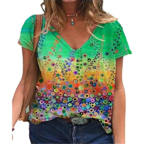 2021 New Summer Tie-dye Print Women T-shirt Loose Casual V-neck Short Sleeve Plant Flowers Tops Plus Size 3xl Lady Tee Clothes