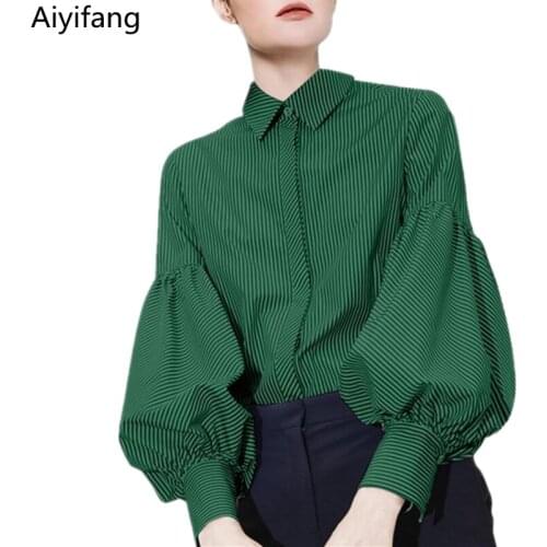 Spring 2021 New Fashion Striped Shirt Women Vintage Lantern Long Sleeve Single-Breasted Blouses Office Lady Elegant Tops Clothes