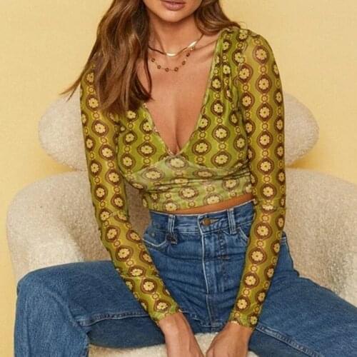 Gaono Sexy V Neck Vintage Floral Chiffon Blouse Womens Backless Hollow Out Halter Crop Tops Tees Shirts for Girls Aesthetic