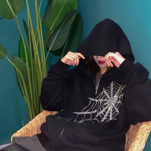 Oversize Punk Y2K Women Hoodies Gothic Black Rhinestone Harajuku Hooded Women Jacket Coat Zipper Sweatshirts E girl Clothing