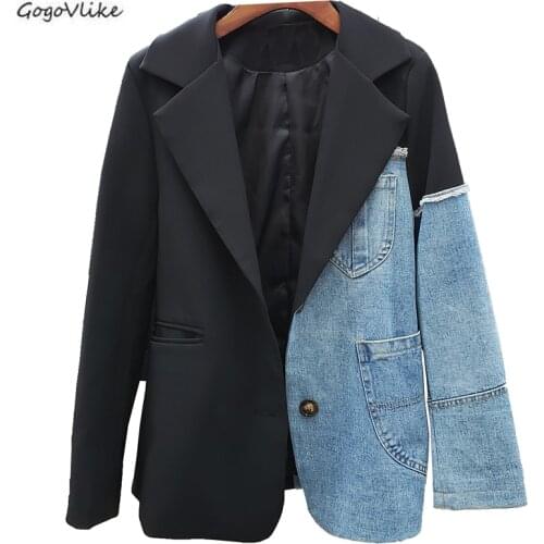 Jean Patchwork Women Blazer New Lapel Long Sleeve Loose Cargo Jacket Fashion Spring Autumn Fall 2020 New Suit blazer LT638S50