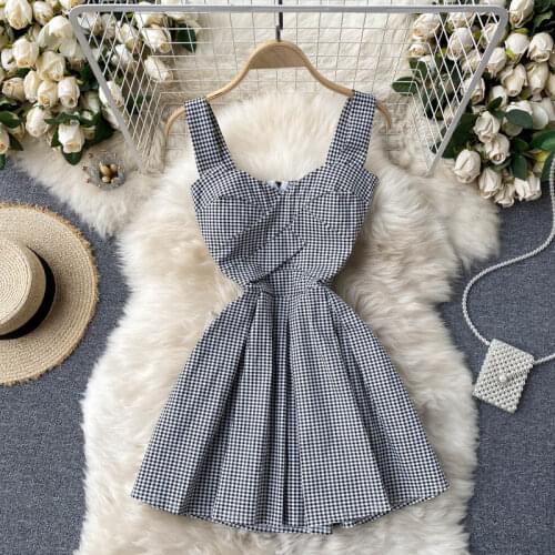 2021 Womens Summer Dress French Retro V-neck Check Sleeveless Short Suspender Dress New Waist Slim Feamle Dresses DE674