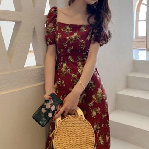 Bella 2021 Vintage Floral Print Boho Dress Women Drawstring Split Square Collar Midi Dress Elegant Ladies Short Sleeve Vestidos