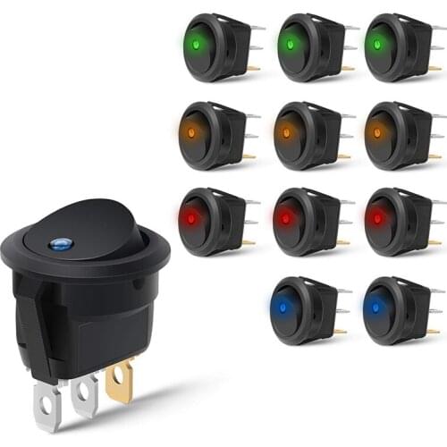 12PCS Round Dot Lighted Rocker Switch Toggle 20A 12V DC On/Off SPST Switch Control, 3Blue+3Green+3Yellow+3Red