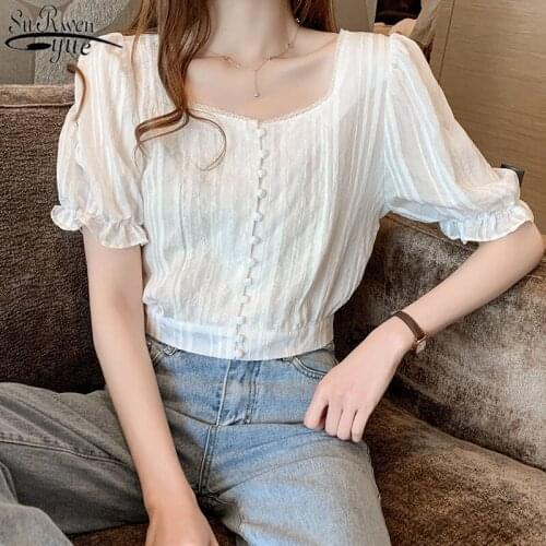 2021 Summer New Korean Short Sleeve Blouse Women All-match Square Collar Puff Sleeve Short Shirt Solid Buttons Casual Top 9364