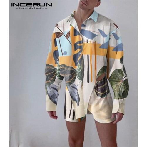 2021 Fashion Men Sets Printed Streetwear Lapel Long Sleeve Irregular Shirt Elastic Waist Shorts Casual Men Suits S-3XL INCERUN