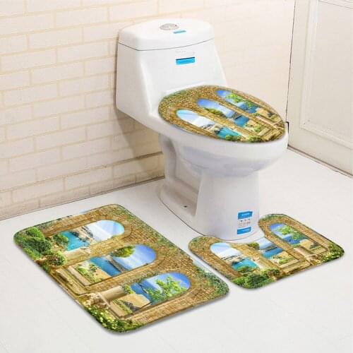 3pcs/Set Bathroom Mat European Flowers Spring Scenery Street Pink Retro Garden Wall Bathtub Toilet Carpet Non-Slip Rug Decor