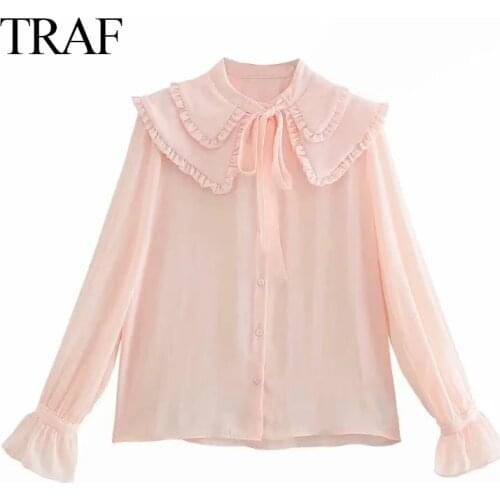 TRAF ZA Fashion Woman Blouses 2021 Chic Sweet Top Female Long-Sleeved Ruffled Lace-Up Blouses And Shirts Slim Fit Casual Shirts