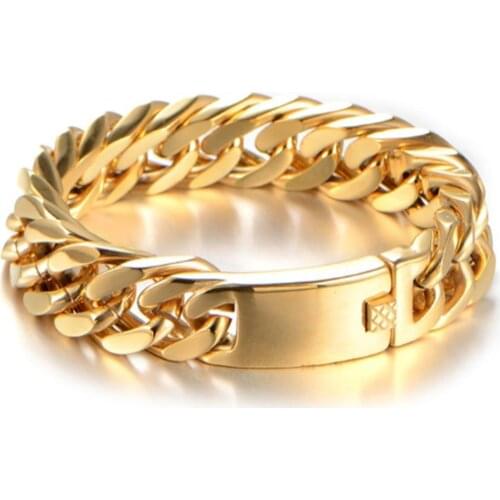 15/17mm Wide Handmade Gold Tone Stainless Steel Double Cuban Curb Chain Bracelet Wristband Mens Jewelry 7-11inch Chrismas Gift