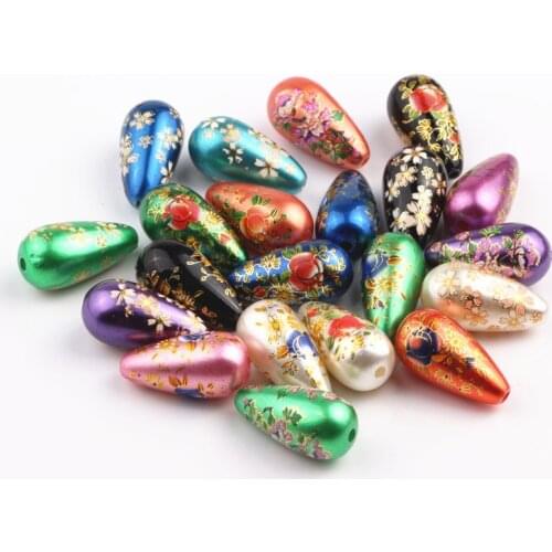 20pcs Mix Color Printed Flower Water Drop Beads 21x11mm Straight Hole Teardrop Beads For DIY Jewelry Earrings Making