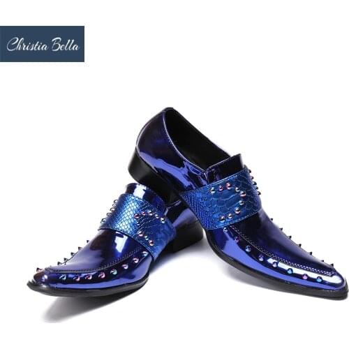 Christia Bella Men Shoes Casual Luxury Genuine Leather Blue Formal Dress Monk Buckle Straps Wedding Brogues Shoes Zapatos HomBre