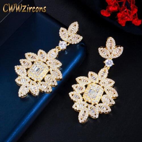 CWWZircons AAA Cubic Zirconia Yellow Gold Large Long Dangle Drop Leaf Shape Wedding Earrings for Brides Luxury Jewelry CZ804