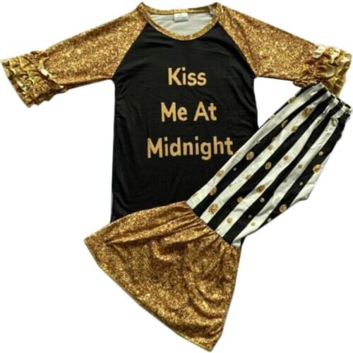 Best quality baby outfits cotton raglan fuffle sleeves stripe bell bottom childrens set