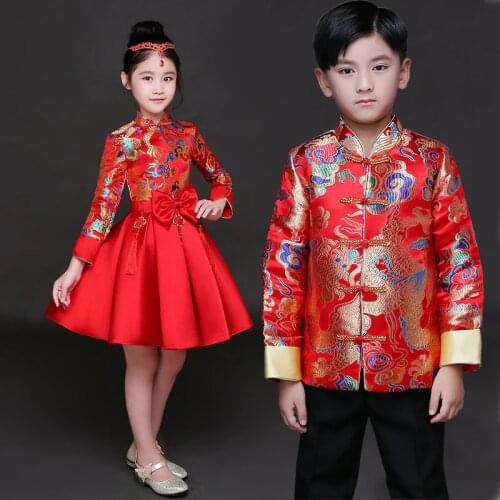 Children cheongsam princess dress girls dress Chinese style retro costumes Chinese guzheng performance clothing Host dress